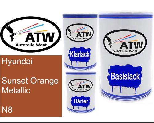 Hyundai, Sunset Orange Metallic, N8: 500ml Lackdose + 500ml Klarlack + 250ml Härter - Set, von ATW Autoteile West.